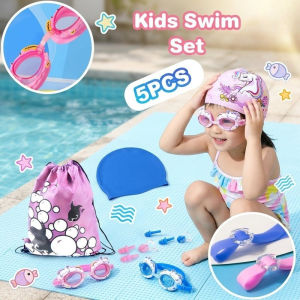 Kids Swim Goggles Set Cartoon Unicorn Dinosaur Waterproof Adjustable Swim Cap Nose Clip Ear Plugs
