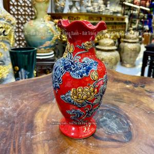 Lọ Hoa Miệng Lượn Lọ Hoa Thờ Cúng Men Đỏ Hàng Đắp Nổi Thủ Công Bát Tràng Sứ Bát Tràng Cao Cấp