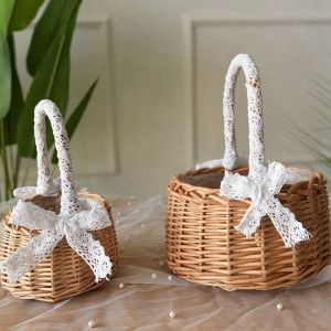 USEFUL TOOL Handmade Natural Lace Bow Decoration Girl Wedding Supplies Flower Basket Hand Basket Flower Pot Storage Basket