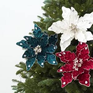 FFBH Glitter Velvet Christmas Poinsettia Pick DIY Craft Lifelike Flocked Magnolia Flowers Vibrant Colorful Fake Christmas Flowers K7M2P