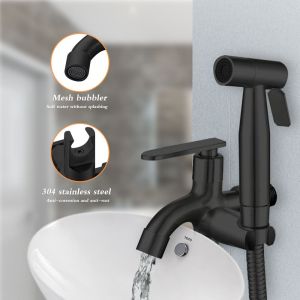 Kran Cabang SUS 304 dan Jet Shower Toilet Hitam Matte 1/2 Inch dengan Selang 3M Kran Air Double Kran Washing Machine Bidet Spray