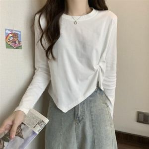Long Sleeve Women Round Neck Irregular Design T Shirt T348