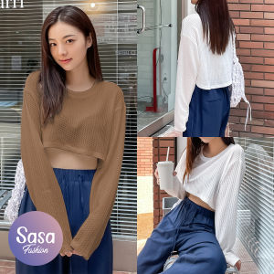 SASA Waffle Knit Long Sleeve Loose Fit Crop Top for Women KARLA
