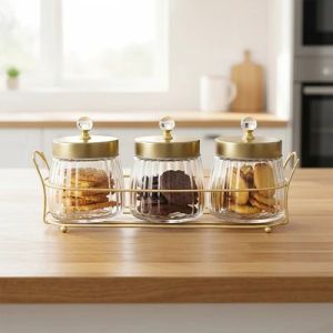 Stoples Kue Kering Kacang Edisi Emas Snack Jar Gold Bahan Kaca Dengan Nampan Mewah 480ml WEO AZ1538