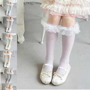 Sweet Style Mesh Dress Socks with Decorative Edge Accent for Toddler Girls Formal Event Under Knee Length Stockings