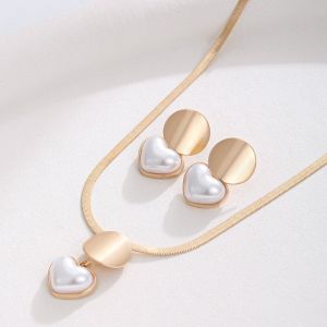 2pcs/set Heart Snake Pendant Necklace+Earring Set Women Minimalist Pearl Jewelry Accessory