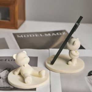 LMS70 Figurines Flocking Bear Phone Stand Phone Statue Resin Bear Mobile Phone Holder Sculptures Multi-functional Cartoon Lazy Bracket Home Office
