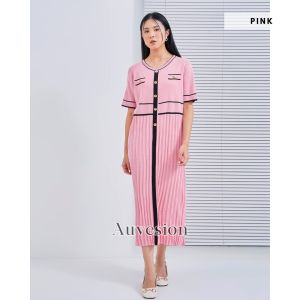 6045 Meryl Button Pleated Knit Maxi Dress Wanita Kasual