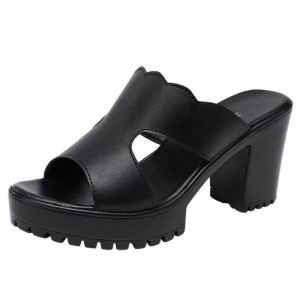 Lady peep toe solid block heel slip on mules 女士防水台7厘米增高外穿拖鞋