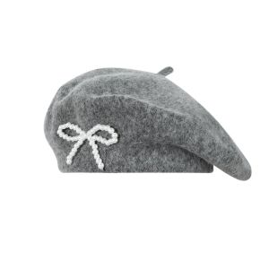 FLYING With Bow Knitted Beret Hat Solid Color Korean Style Berets Caps Fashionable Pearl Bow Womens Hats Autumn and Winter