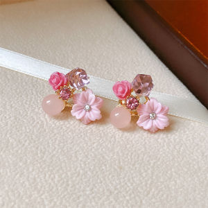 Ready Stock 1 Pair Purple Crystal Flower Stud Earrings For Woman 2023 Korean Fashion Jewelry Wedding Party Girls Elegance Set Accessories