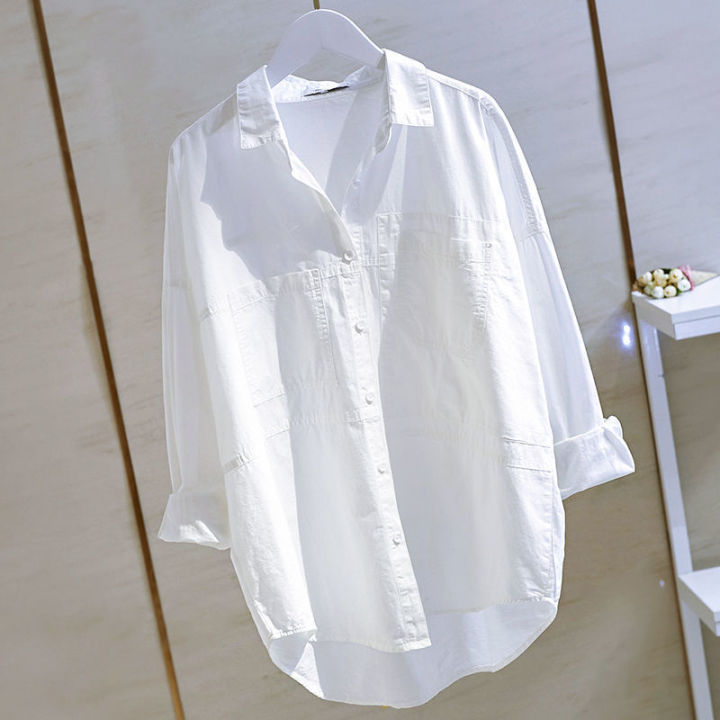 Summer White Shirt Women Blouse Long Sleeve Shirt Button Pockets Casual  Loose Basic Tops Shirt Plus Size Ladies Cotton Shirt Sunscreen Shirt