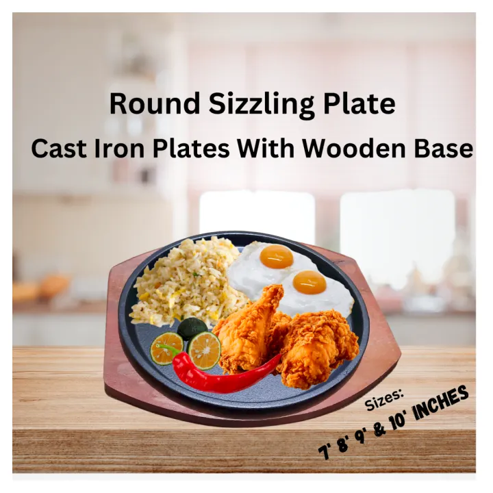 Sizzling Plate Round Cast Iron with Wooden Base Heavy Duty
