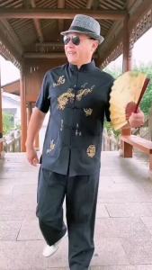 Mens Chinese Style Clothes Short Sleeve Shirt Long Pant Tang Suit Two Piece㏇X0420