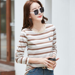 เสื้อยืดคอกลมแขนยาวผู้หญิงเสื้อยืดลำลองเสื้อลายขวาง93% ผ้าฝ้าย