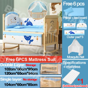 Beige Baby Crib Baby Solid Wood Multifunctional with Mosquito Net Storage and Bedding with Detachable Features