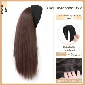 JON09 Korean Style Black Wide Knit Headband Wig Clip in Hair Hoop Long Straight Hair Fashion Fake Hair Half Headband Wig Women