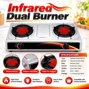 Infrared Gas Stove with Dual Burners Stainless Steel Easy Clean Fast Heating Heavy Duty high fire rate – Saves Up to 50% Gas for Home Kitchen