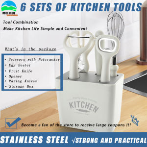6PCS Kitchen Knife Set Stainless Steel Kitchen Tool Set Kitchen Scissors Egg Beater Opener Paring Knives Storage Box
