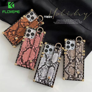 FLOVEME Square Plating Snake Printed Phone Case For iphone 13 12 11 Pro Max 13 12 Mini X XR XS Max 7 8 Plus Wristband Bracket Shockproof Back Cover