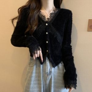 IELGY Korean style milk fufu sweater cardigan womens slim lace v-neck short top