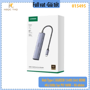 Hub Type C UGREEN 15495 5 in 1 – HDMI 4K@30Hz + USB 3.0 5Gbps + 2×USB 2.0 + Sạc PD 100W – Vỏ nhôm