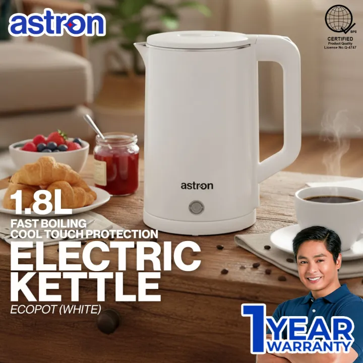 Astron ECOPOT Electric Kettle - Matte White | 1.8 Liter Capacity | Safe-Touch Design | Aesthetic | Minimalist | 1500W