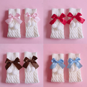 Preppy Style Women Girls Leg Warmers Sweet Bow Plush Ball Boot Cuffs Foot Cover Twist Cable Knit Knee High Socks