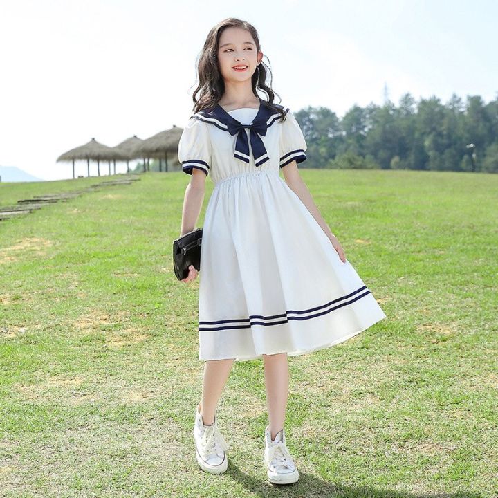 Summer Dress for Girls Short Sleeved Dresses Sailor Collar