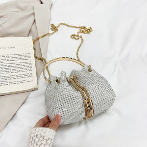 IELGY Fashionable Texture Chain Bucket Bag Trendy Fashionable Diamond-Studded One-Shoulder Portable Messenger Bag