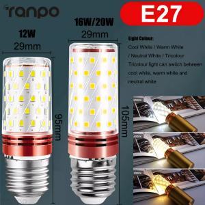 10 Pcs LED Corn Light Bulbs E14 E27 Base 12W 16W 20W Equivalent 120W Halogen Lamp 220V 240V Warm Cool White Tricolor Energy Saving Chandelier Bulb For Home Office Lamps