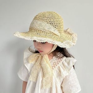 Kids Straw Sun Hat Fisherman Style Uv Block Breathable Lightweight Lace Bow Beach Outdoor Travel