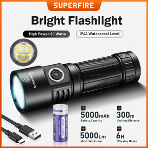 SUPERFIRE Super Bright Heavy Duty Flashlight 5000 Lumen Rechargeable Type-C Torch For Outdoor Emergency Lamp With Intelligent Temperature Control Protection L22
