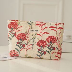 LUMIQLO Floral Embroidered Makeup Bag Large Capacity Zipper Cosmetic Bag Cream Color Toiletries Skincare Storage Bag Travel