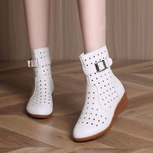 ZEEMIN Womens Leather Hollow Out High Top Wedges Boot Soft Sole Spring Summer New Round Toe Big Size Breathable zipper Cool Boots