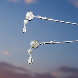 Trâm cài tóc tiểu liên hoa gắn ngọc tua ngắn cài tóc hoa sen nhỏ phong cách cổ trang