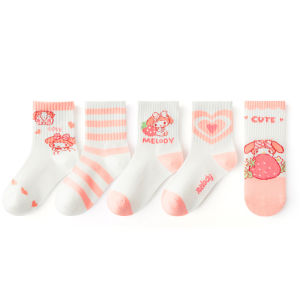 KUCHAR 5 Pairs of Kids Cotton Socks Breathable Mesh Cute Cartoon Kuromi JK Style Elasticity Mid-tube Socks for 3-12Y Girls