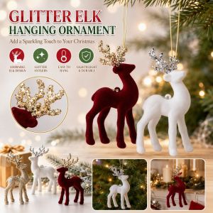 Christmas Reindeer Hanging Ornament Glitter Antlers Flocked Deer Pendant For Tree Wreath Window