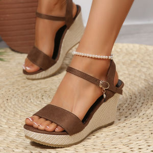 [Free Shipping] 2026 Spring/Summer New Collection: WomenS Brown Suede Espadrille Sandals With A Sloping Heel Single-Strap Design And Thick Platform Sole