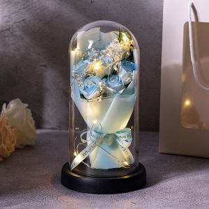 Bouquet Glass shade flowe rose Shatterproof glass dome with silk LED ribbon Preserved flower for Wedding House Warming  Teachers Day Valentine Gift