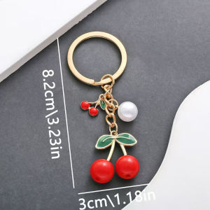 1PC Women Cute Cherry Pearl Keychain Faux Pearl Metal Leaf Car Keyring Fashion Handbag Pendant