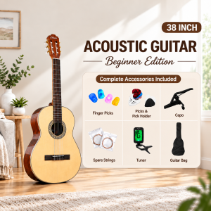 Bansid 38 Inch Beginner Acoustic Guitar Solid Spruce Top & Sapele Back Sides Comfort C‑Shaped Neck for Adult Learners