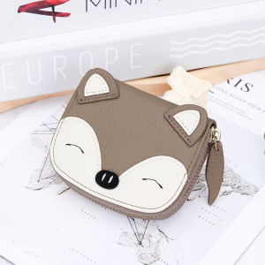 First Layer Cowhide Little Fox Card Holder Zipper Drivers License Storage Card Holder