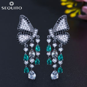SEQUITO Hot Sale 925 Silver Pin Symmetrical Butterfly Shape Crystal Long Water Drop Tassel Dangle Earing Temperament Personality Jewellery Women Accessories SE389