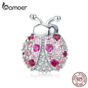 BAMOER Sterling Silver 925 Pink CZ Ladybug DIY Charm for Women fit for Original Silver 925 Reflexions Watch Bracelet SCX104