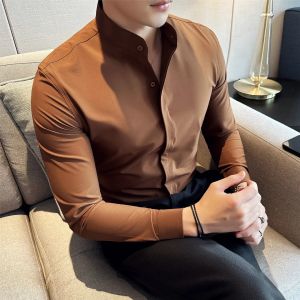 Men Dress Shirts British Style Stand Collar Formal Shirt Long Sleeve Business Casual Slim Fit Shirts Black White Men Clothing2026