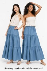 BB 2026 summer new womens a-line skirt | elastic waist design | faux denim patchwork tiered skirt