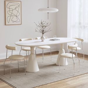 Holy Grail Style Oval Dining Table Set Simple Cream Pure White Matte Slate Dining Table Combination Household Small Glass Steel
