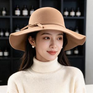 MYTHIS Single Face Woolen Wide Brim Hat Adjustable Fits 55cm To 58cm Head Circumference Round Top Hat Elegant Fall Winter Formal Hat For Women
