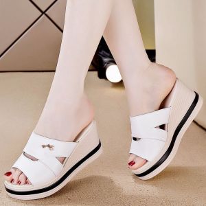Free Shipping Soft Leather Thick-Soled Comfortable WomenS Slippers For Summer 2026 New Fashionable Outdoor Waterproof Platform Wedge Heel Sandals